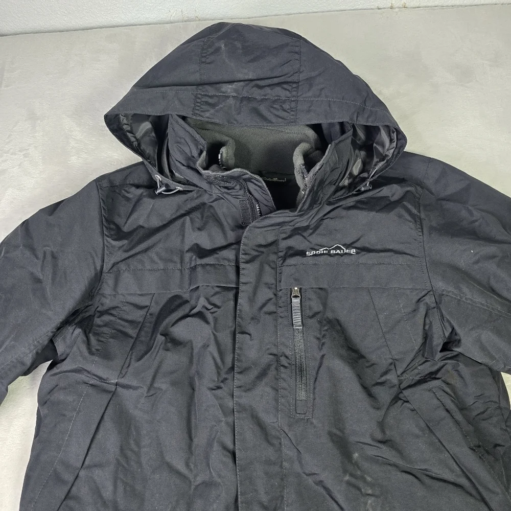 Eddie Bauer Removeable Fleece Lined Rain Jacket Sz Lg Black Removeable Hood